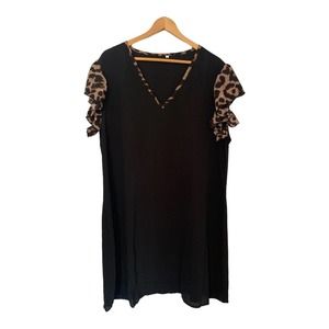Black V-neckline shirt dress with cheetah print sleeves size 3XL